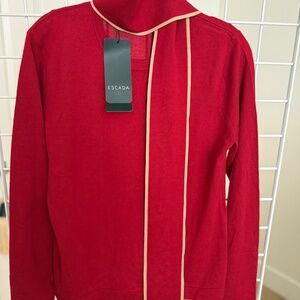 NWT Escada red pullover sweater with tan edges on attached neck tie